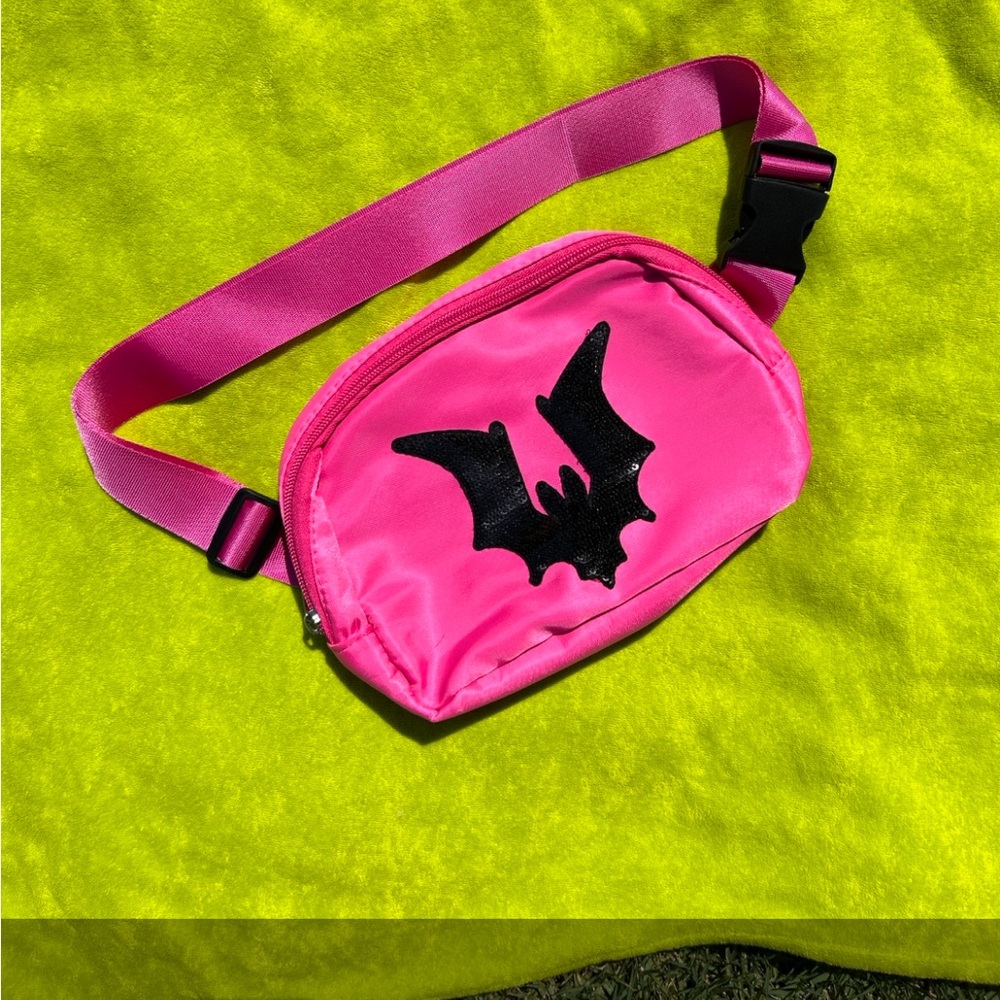 Pink Fanny Pack with Black Bat Design